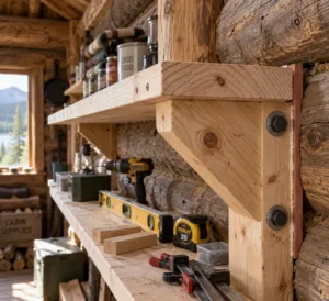 Close-up of a pine shelf bracket bolted to a log cabin wall, with tools below; shelves woodworking in progress.