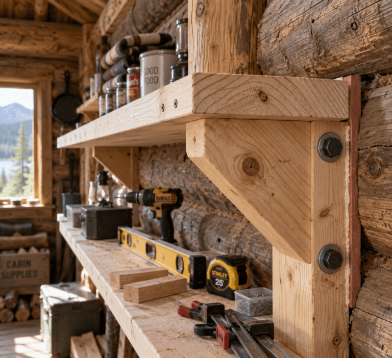 Close-up of a pine shelf bracket bolted to a log cabin wall, with tools below; shelves woodworking in progress.