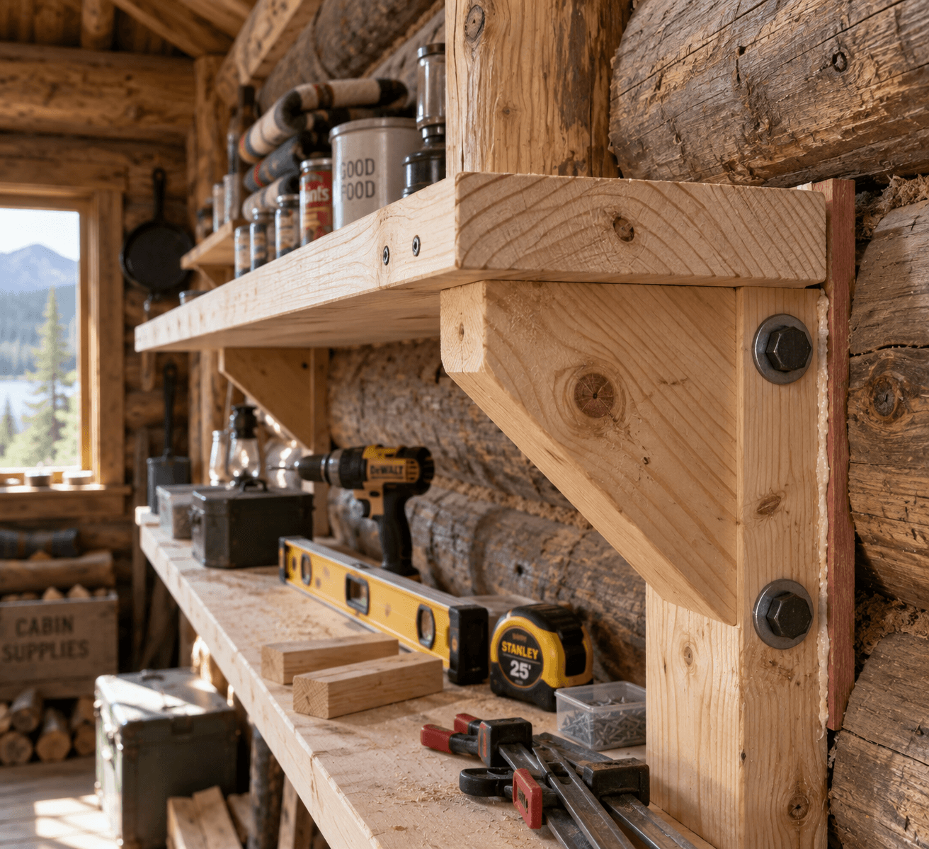 Close-up of a pine shelf bracket bolted to a log cabin wall, with tools below; shelves woodworking in progress.