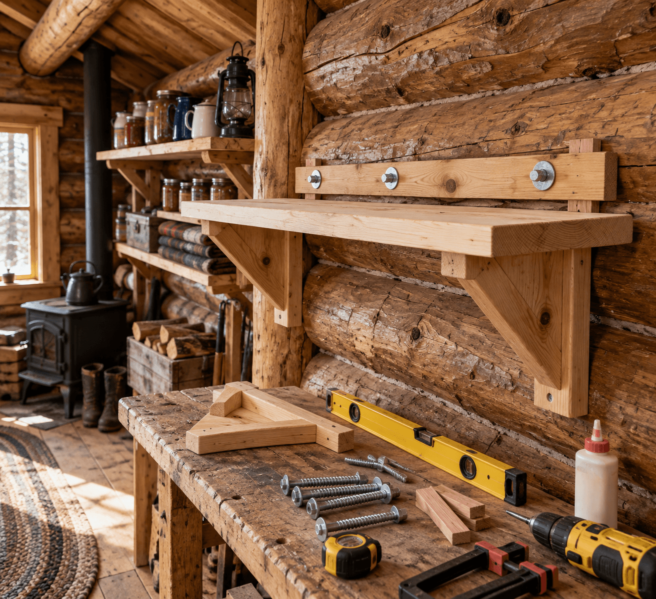 Overhead view of shelves woodworking: a pine shelf fastened to rustic log walls with lag bolts, brackets, tools, and shims.
