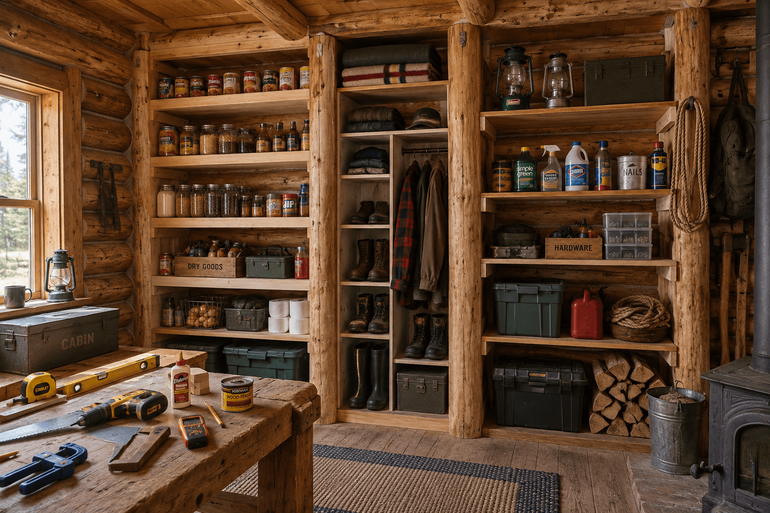 Rustic log cabin with pantry, closet, and utility shelves woodworking zones, stocked supplies, tools, and warm daylight.