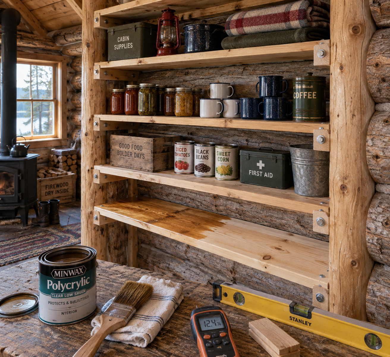 Rustic cabin shelves woodworking scene with sealed pine boards, tools, lag bolts, and neatly stored supplies between log walls.
