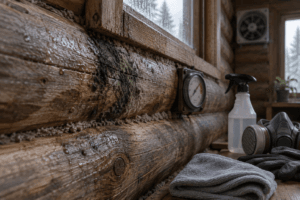 Close-up of mold in a damp cabin log seam, with a humidity meter, cleanup supplies, and fan for eliminating mold.
