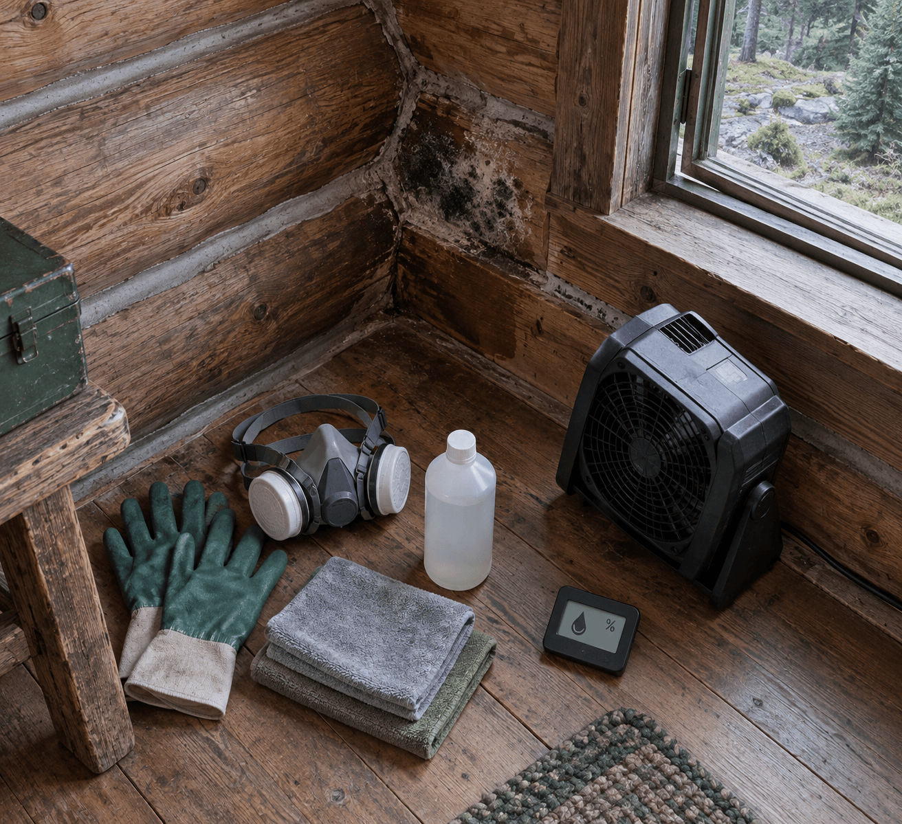 Overhead view of mold on a cabin log wall, with cleaning gear, a fan, and humidity meter for eliminating mold.
