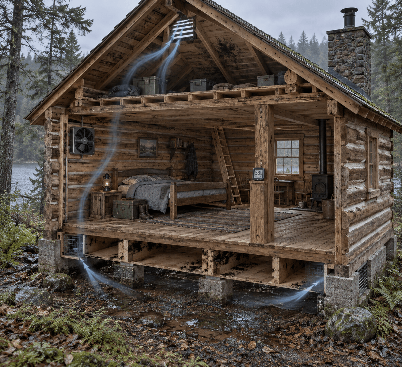 Cutaway of a woodland log cabin showing mold patches, ventilation from crawl space to attic, and a humidity meter for eliminating mold.