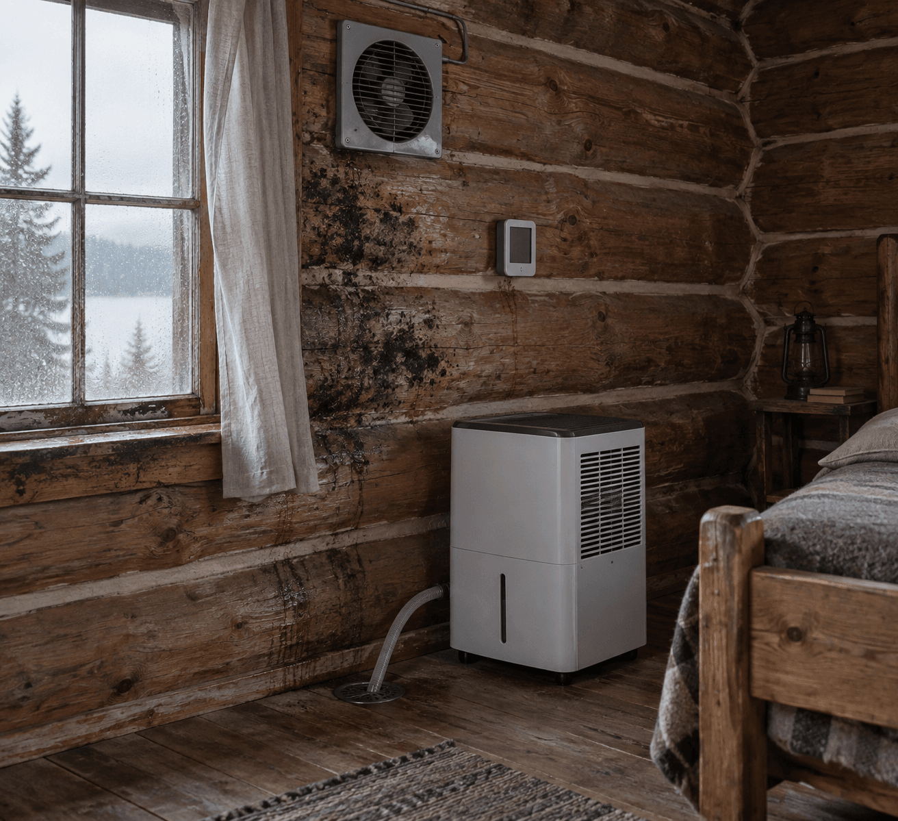 Log cabin wall with mold beside a damp window, ventilation fan above a dehumidifier—practical steps for eliminating mold.