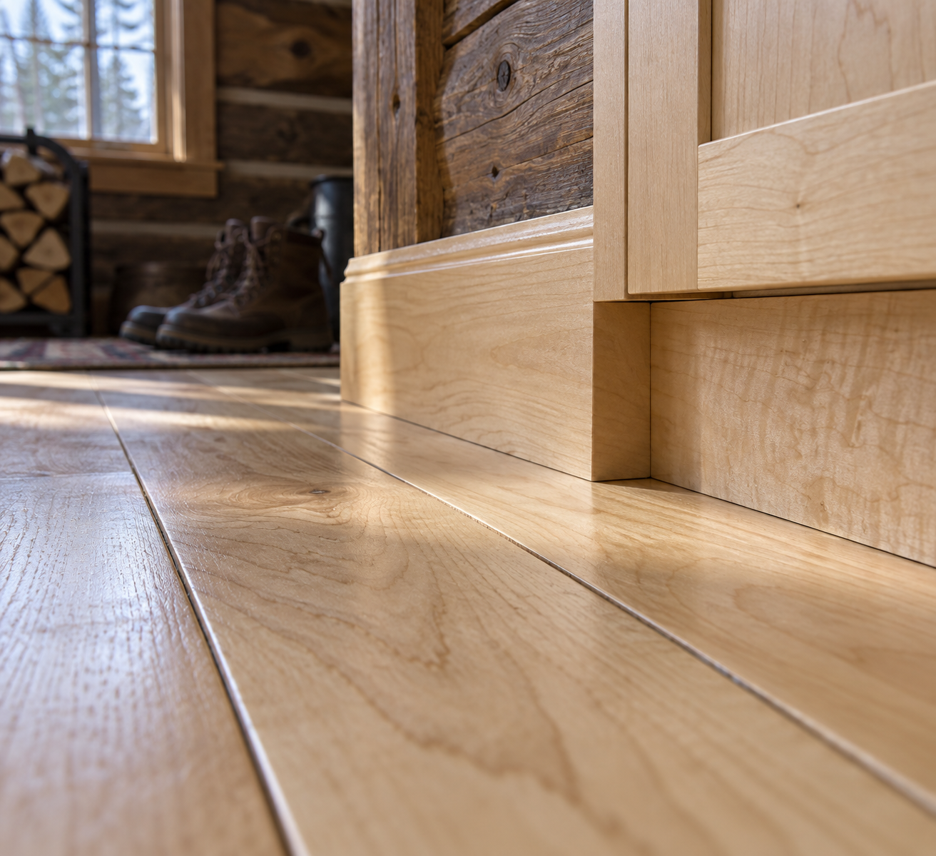 Close-up of maple wood floorboards meeting a maple baseboard and cabinet toe kick in a rustic cabin.