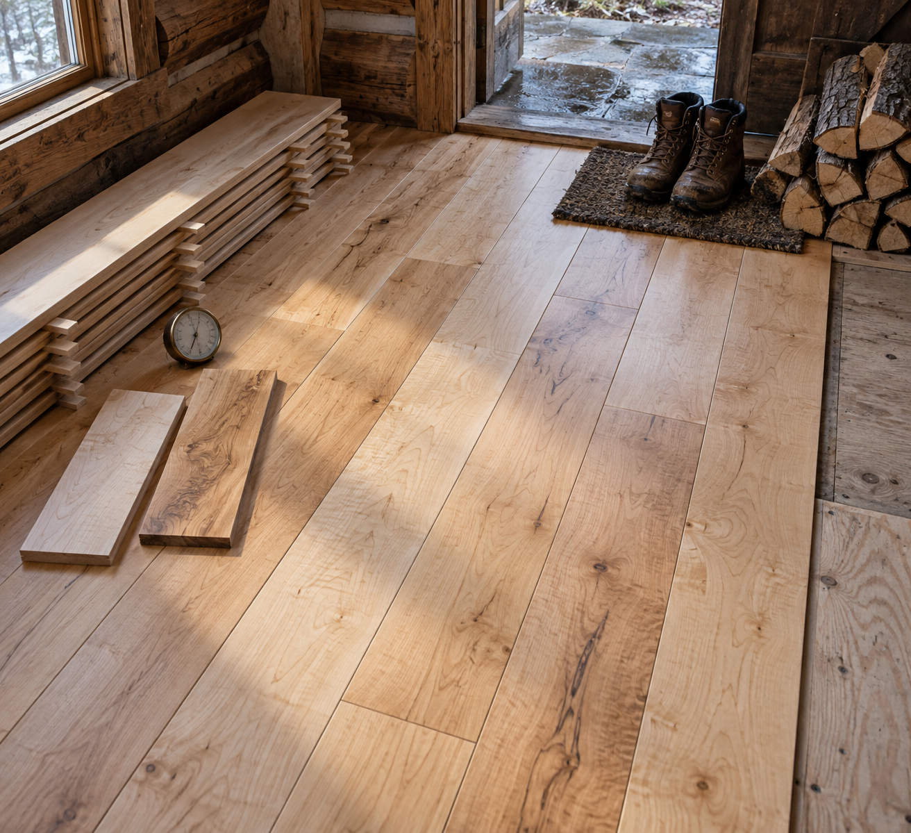 Overhead view of maple wood flooring in a rustic cabin, with acclimating boards, a humidity gauge, boots, and firewood.