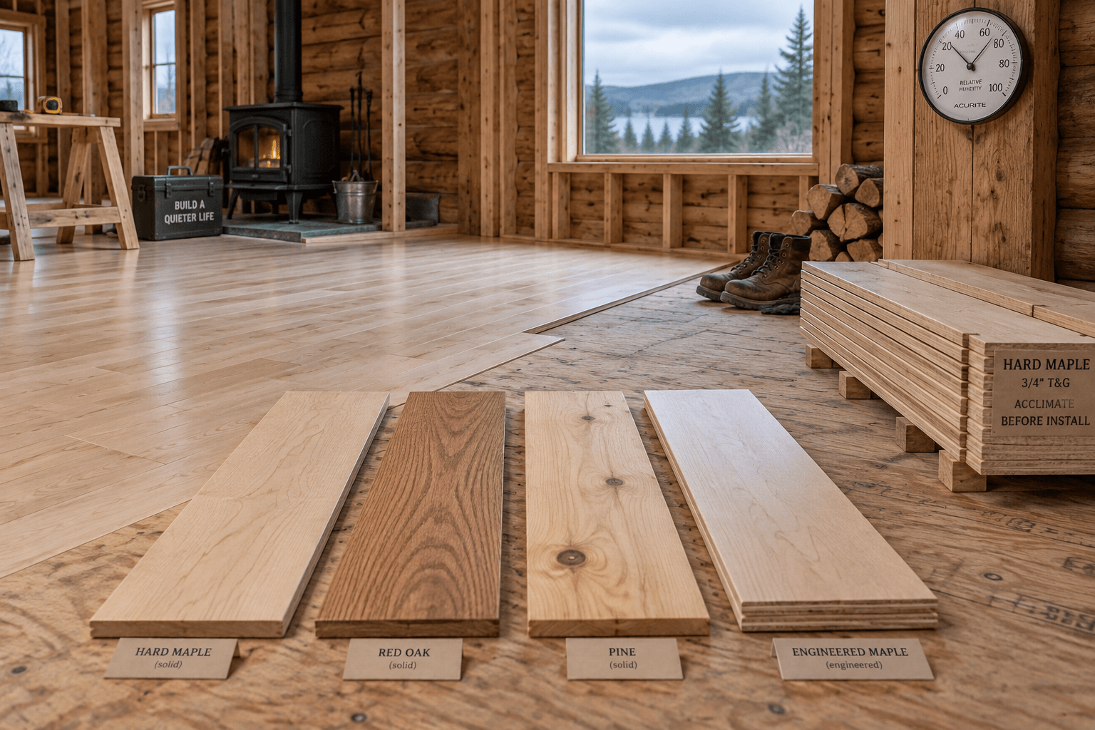 Maple wood flooring samples—maple, oak, pine, and engineered maple—rest on a cabin subfloor beside acclimating boards.