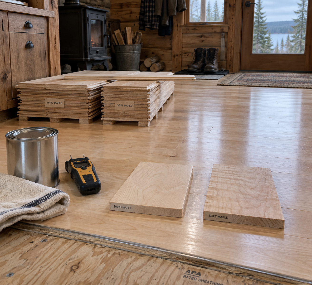 Maple wood flooring and samples in a rustic cabin, with finish, a moisture meter, and acclimating boards nearby.