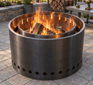 DIY smokeless fire pit with split logs burning, secondary flames at upper vents, and tools blurred on a stone patio workbench.