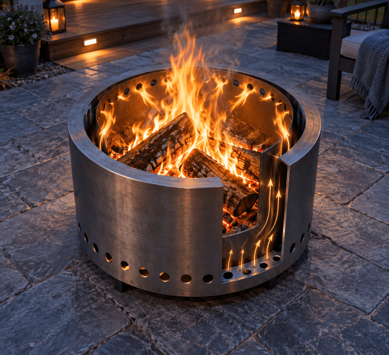 Overhead view of a burning smokeless fire pit with visible airflow vents and a cutaway showing the wood-filled chamber.