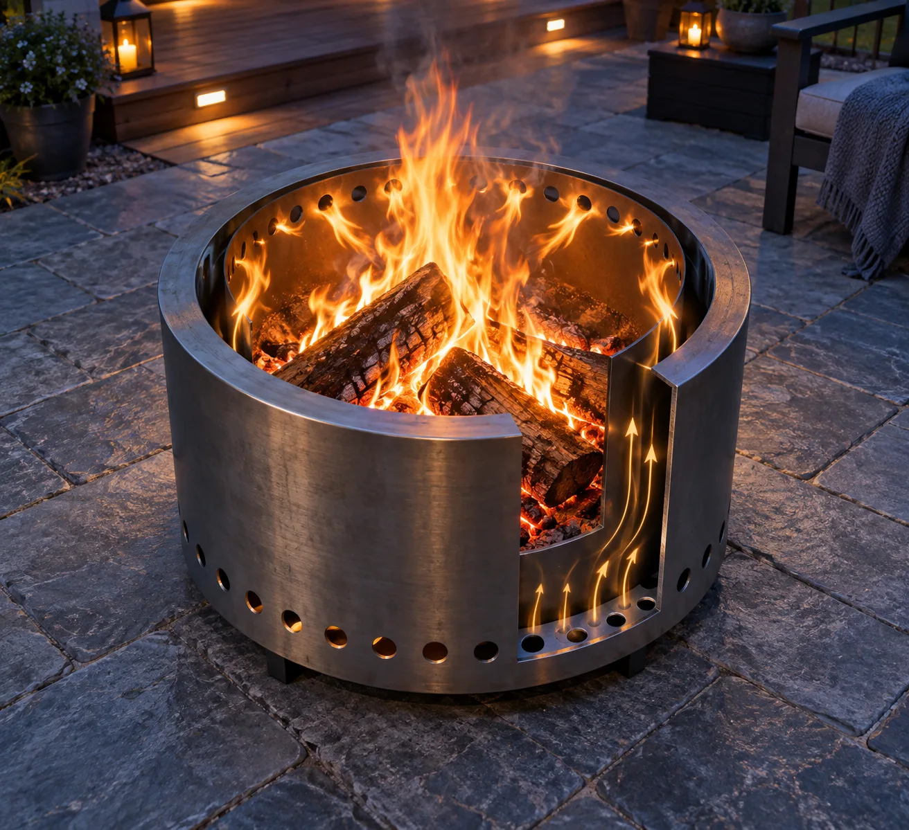Overhead view of a burning smokeless fire pit with visible airflow vents and a cutaway showing the wood-filled chamber.