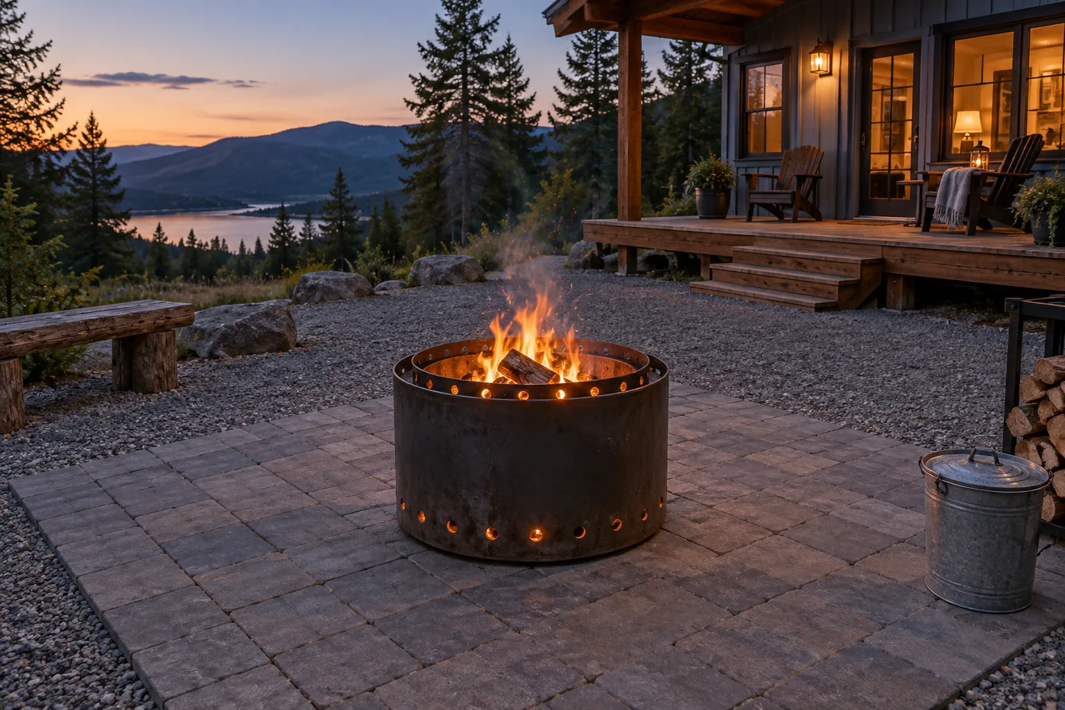 Smokeless fire pit burns on a stone pad beside an off-grid cabin at dusk, with gravel clearance and a water bucket nearby.