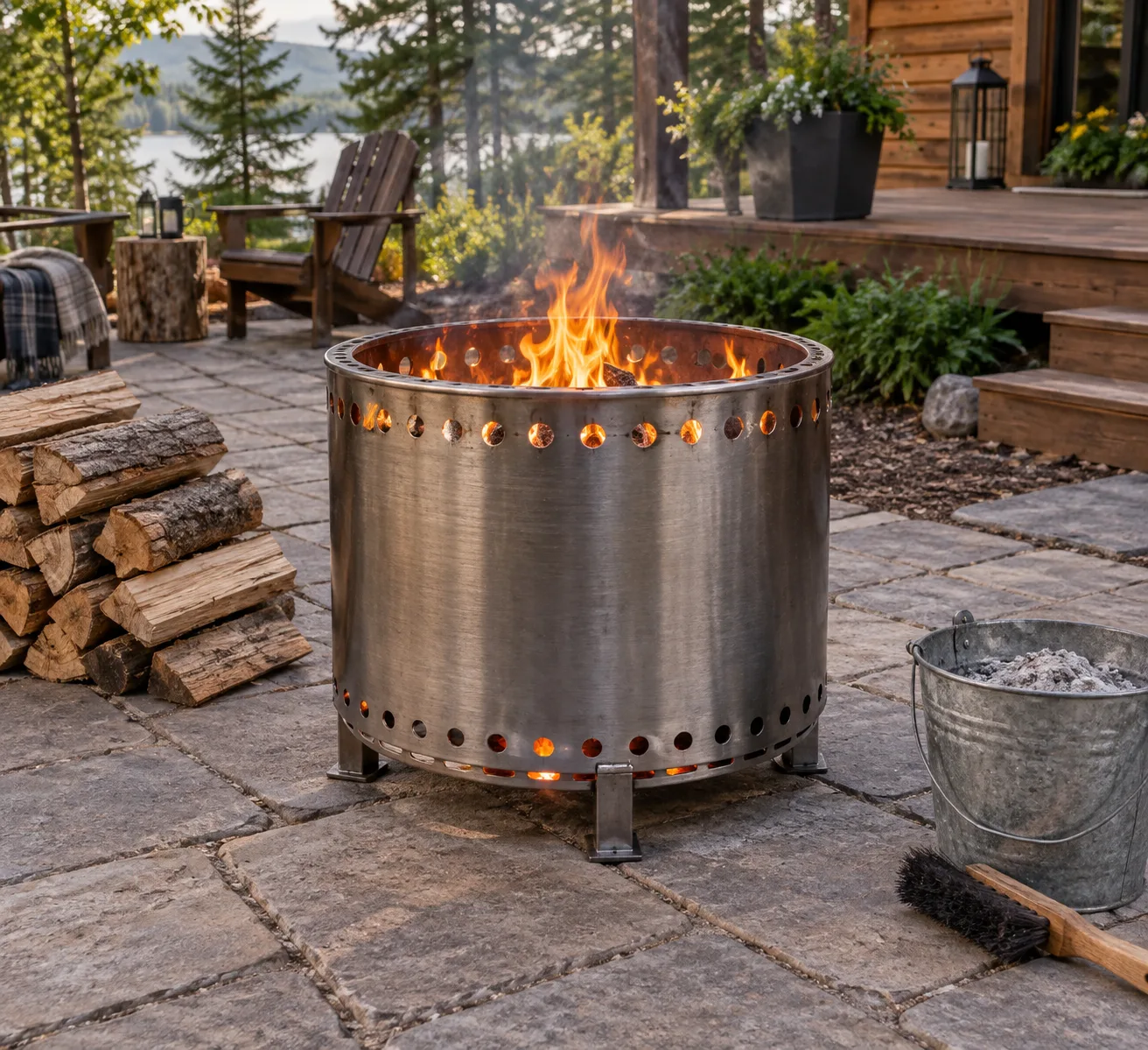 DIY smokeless fire pit burns on stone pavers, with stacked wood, an ash pail, and brush nearby in a safe backyard patio.