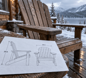 Adirondack chair design plan with 24-inch seat and 36-inch height dimensions rests on a weathered chair arm above a snowy deck.