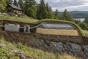 Cutaway of a mound type septic system on a wooded hillside, showing tank, dosing chamber, pump, pipes, sand, gravel, soil, and bedrock.