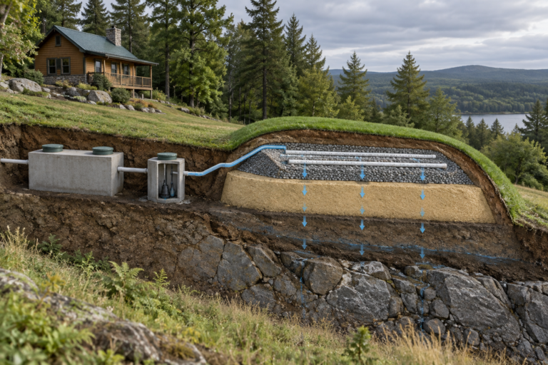 Cutaway of a mound type septic system on a wooded hillside, showing tank, dosing chamber, pump, pipes, sand, gravel, soil, and bedrock.