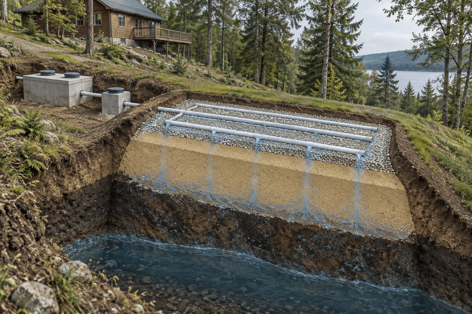 Cutaway of a mound type septic system on a wooded cabin lot, showing pipes, gravel, sand fill, wet soil, and groundwater.