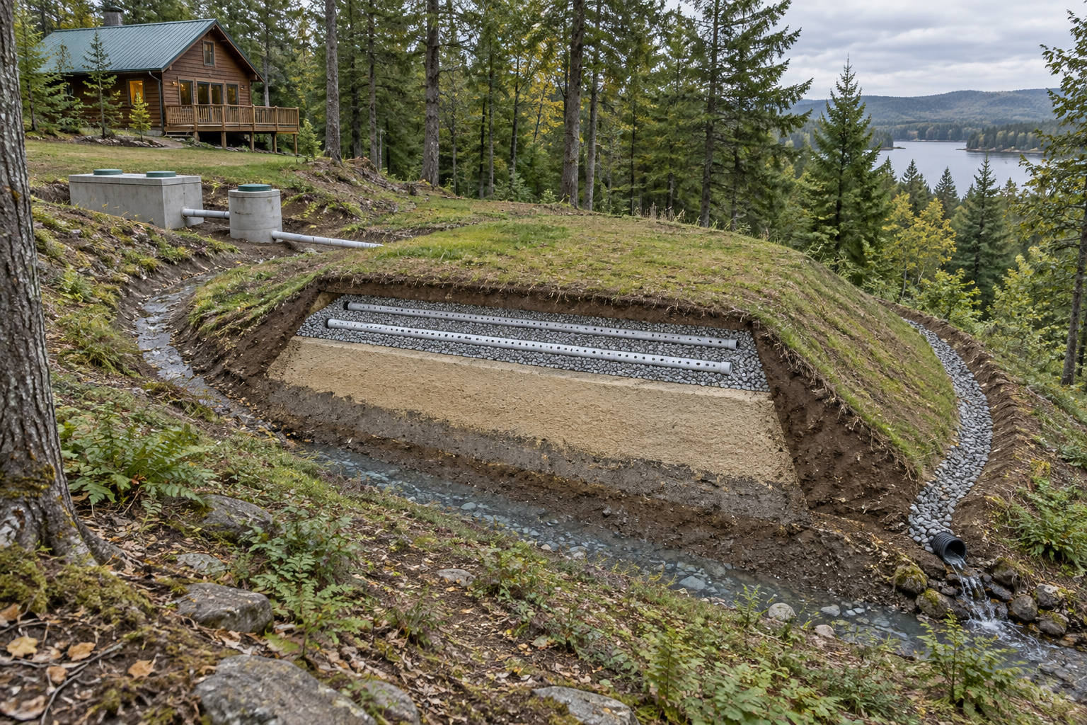 Mound type septic system cutaway shows gravel pipes above a sand treatment layer, with a cabin and wooded slope beyond.