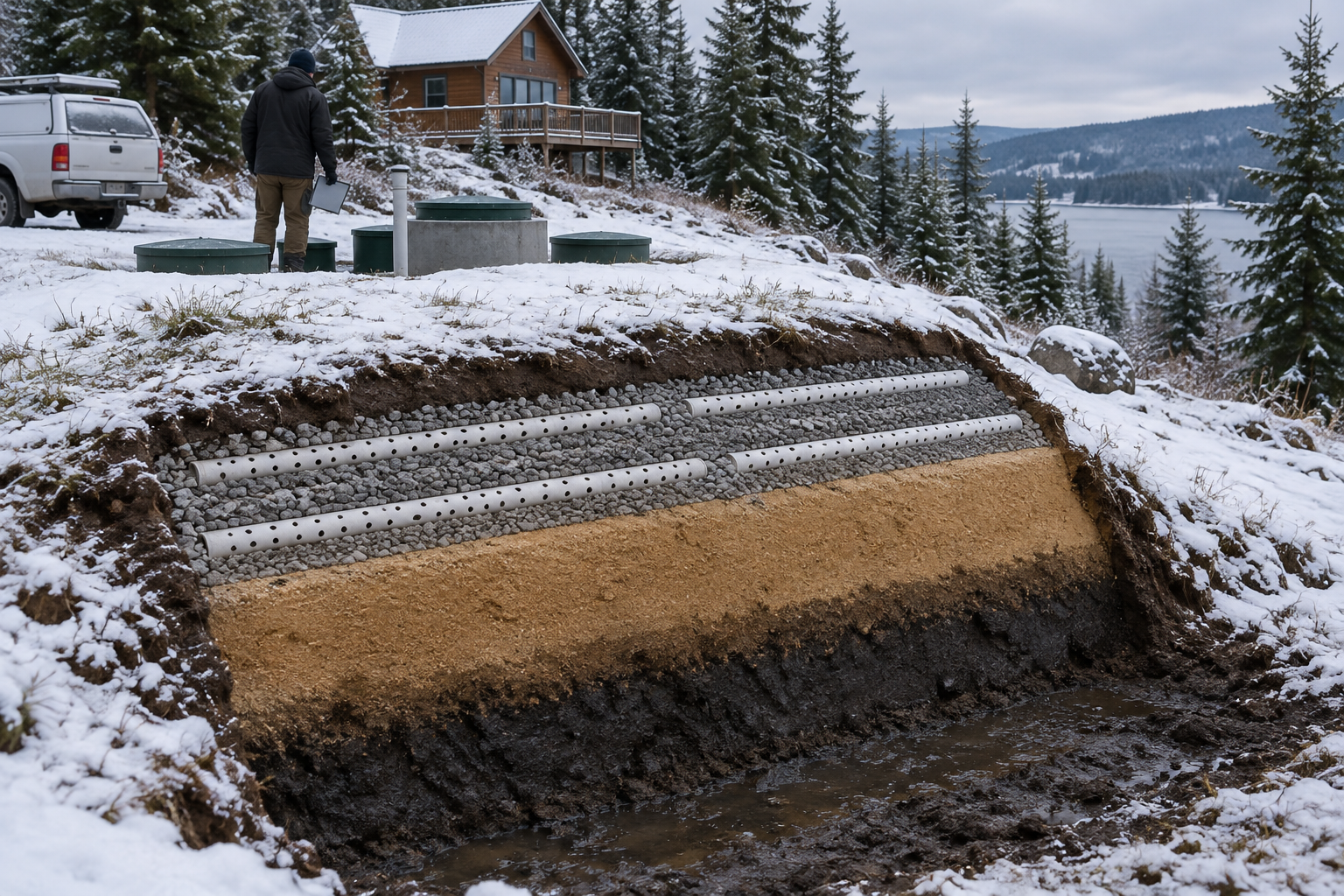 Winter service visit at a mound type septic system, with a cutaway showing pipes and soil layers as a technician checks access lids.