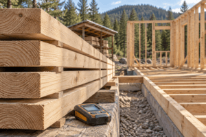 Kiln dry wood stacked with spacers beside a moisture meter at a cabin framing site, with forested hills beyond.