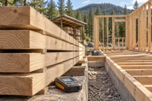 Kiln dry wood stacked with spacers beside a moisture meter at a cabin framing site, with forested hills beyond.