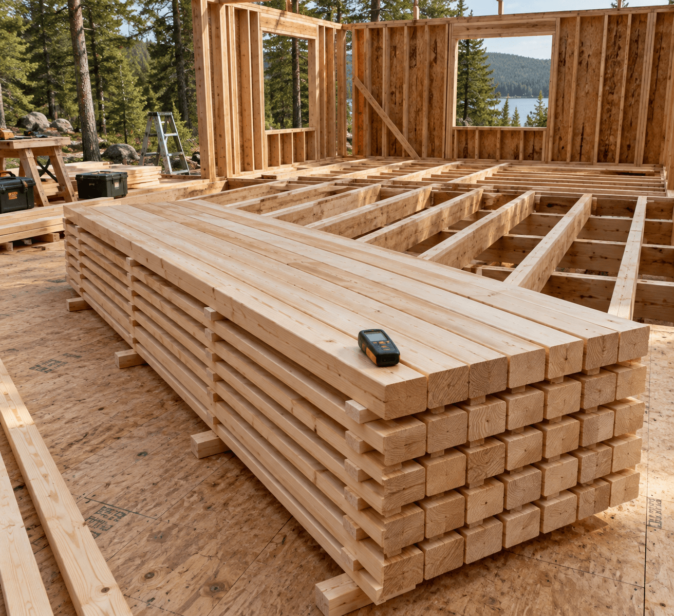 Overhead view of kiln dry wood stacked beside cabin floor joists, wall framing, and a moisture meter in warm daylight.