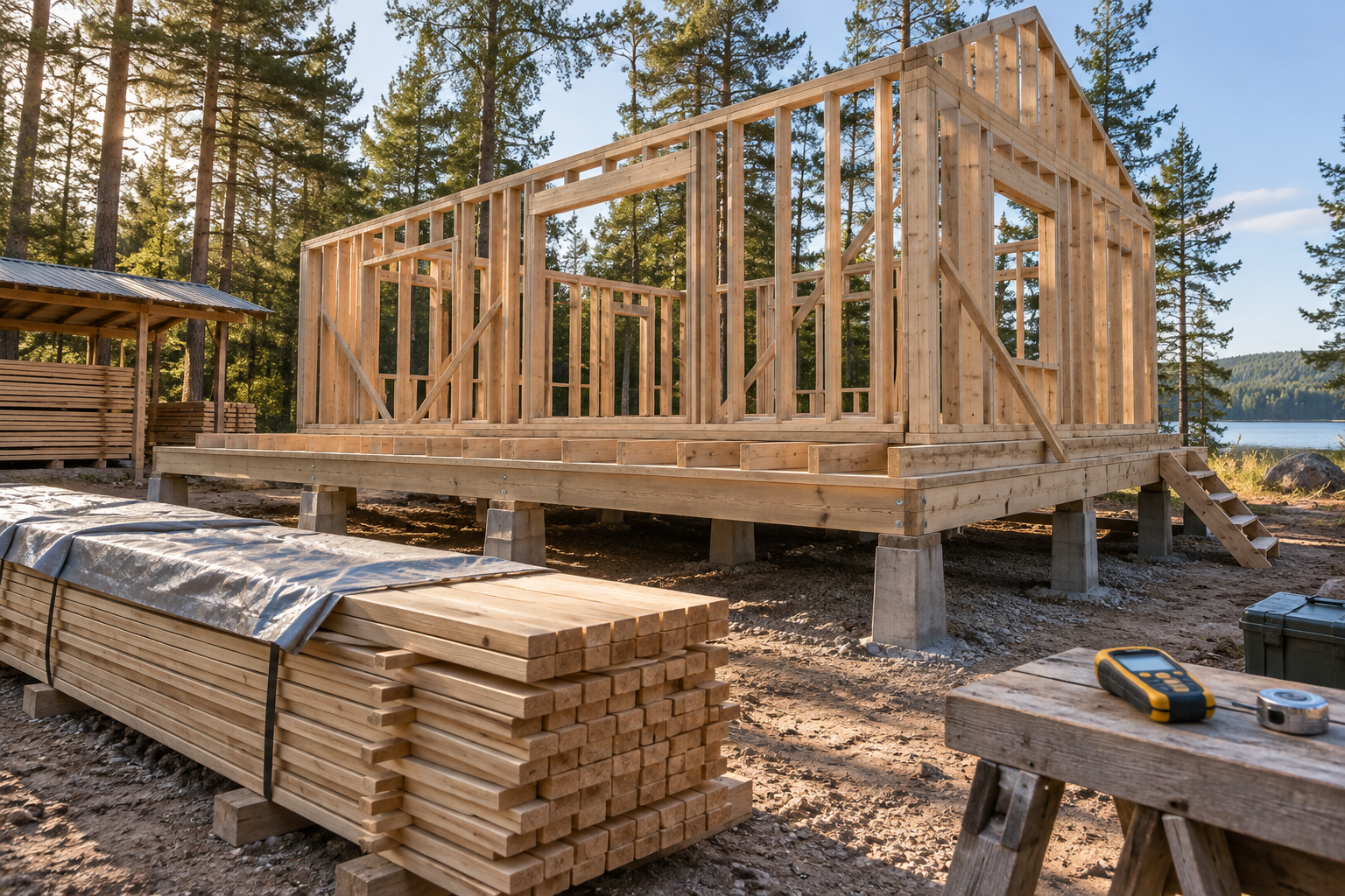 Wood-framed cabin under construction in a forest, with raised joists, aligned wall studs, kiln dry wood stacked nearby, and a moisture meter.