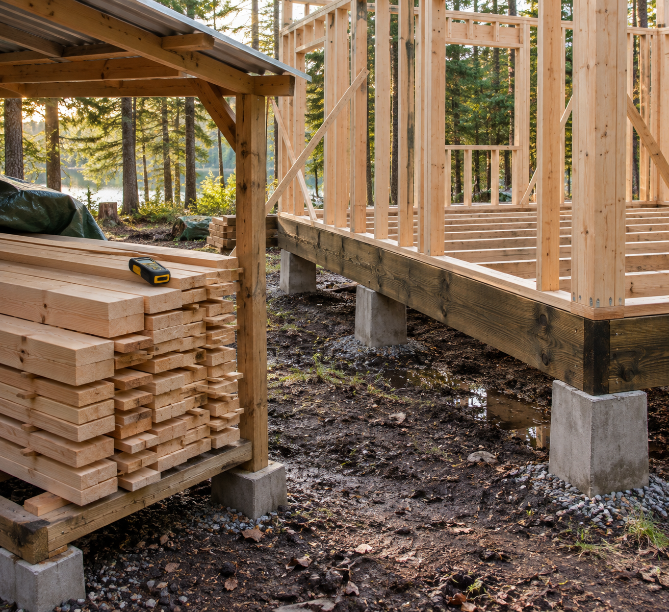 Cabin framing with pale kiln dry wood studs above dark treated sill timbers, and a raised, covered lumber stack in a wooded clearing.