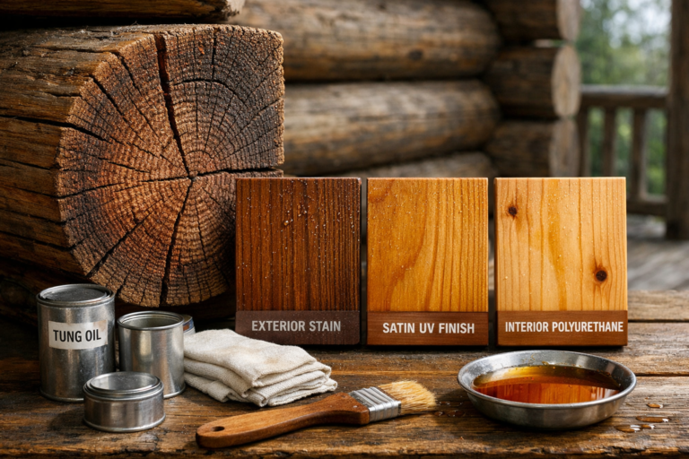 Macro view of wood finish materials and sample boards arranged beside a cedar log joint on a rustic cabin porch.
