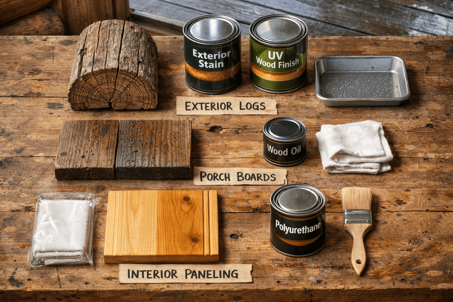 Flat-lay of labeled cabin wood samples, stains, brushes, rags, and trays showing wood finish materials on a workbench.