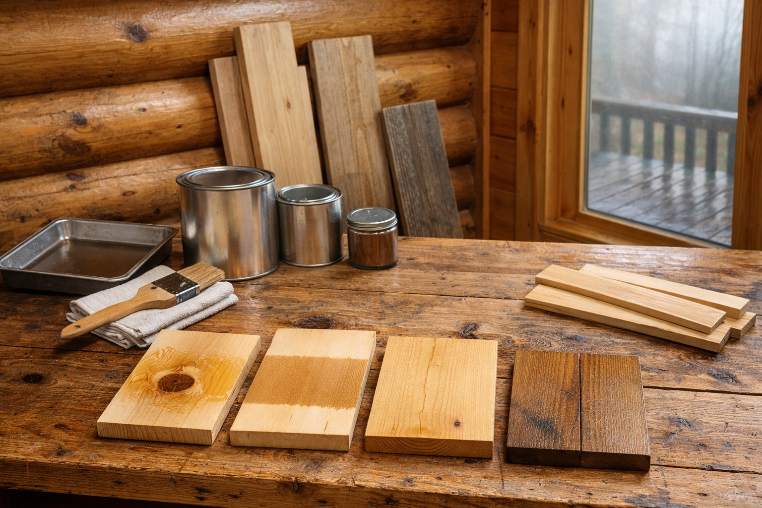 Rustic log cabin wood-finishing workspace with sample boards, brushes, cans, and wood finish materials on a worktable.