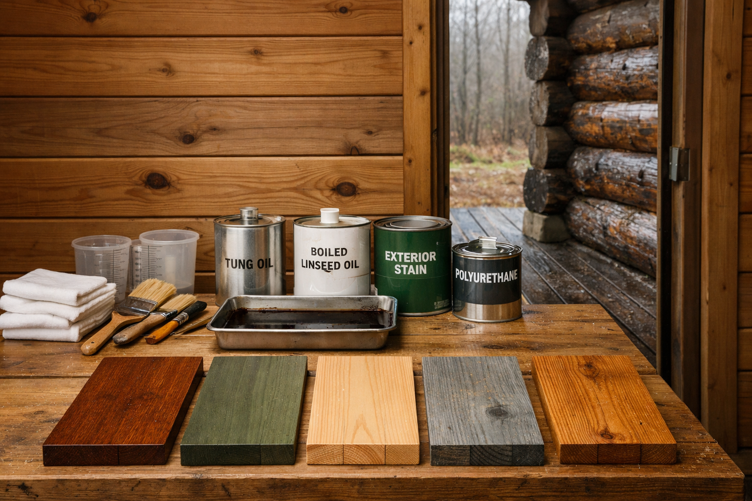 Rustic cabin workspace with wood finish materials, oils, stains, brushes, rags, and labeled sample boards beside a damp porch.