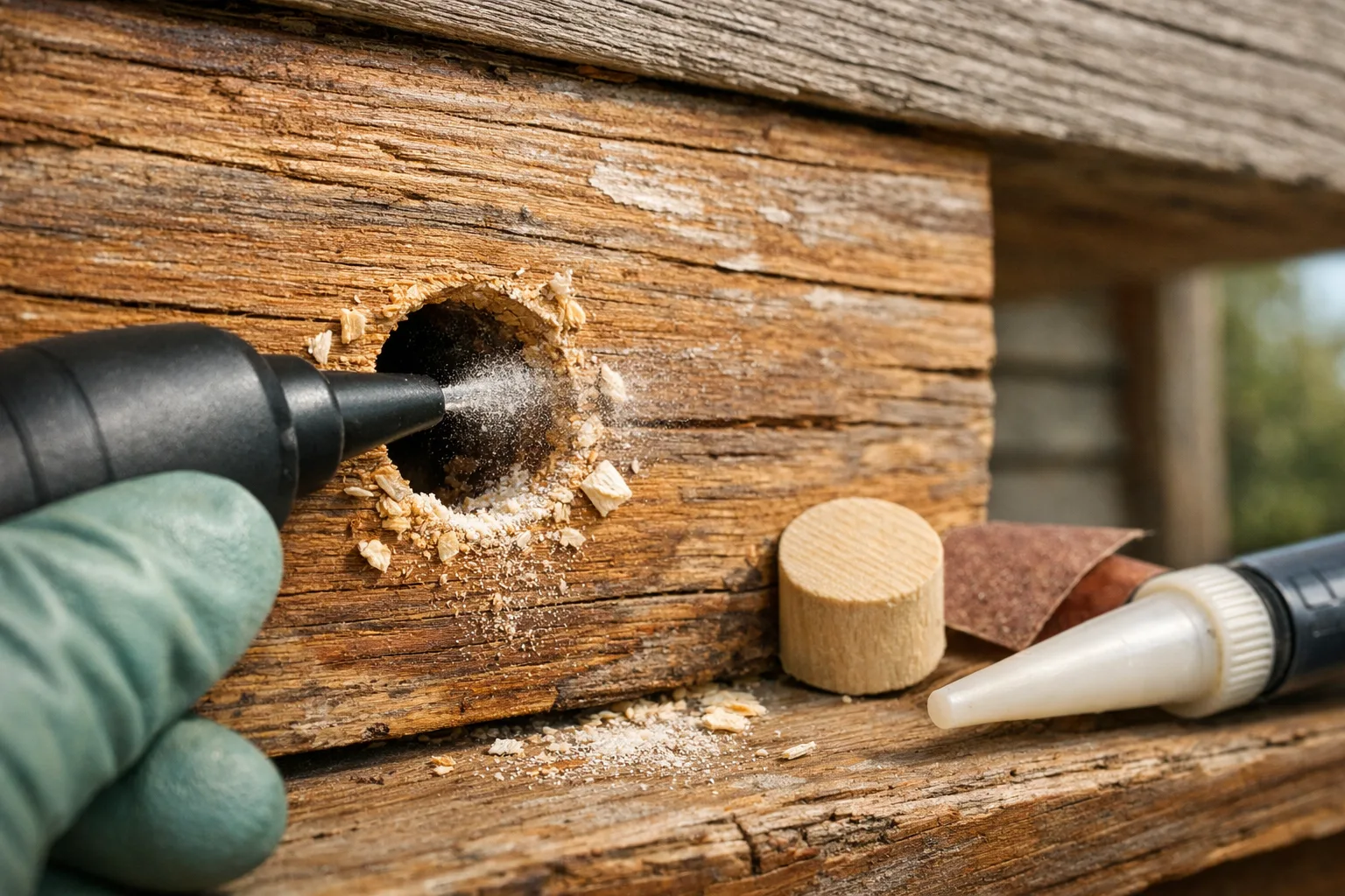 Macro of a bee hole in cedar siding, nozzle applying dust, gloves and repair tools nearbyu2014how to get rid of wood bees safely.