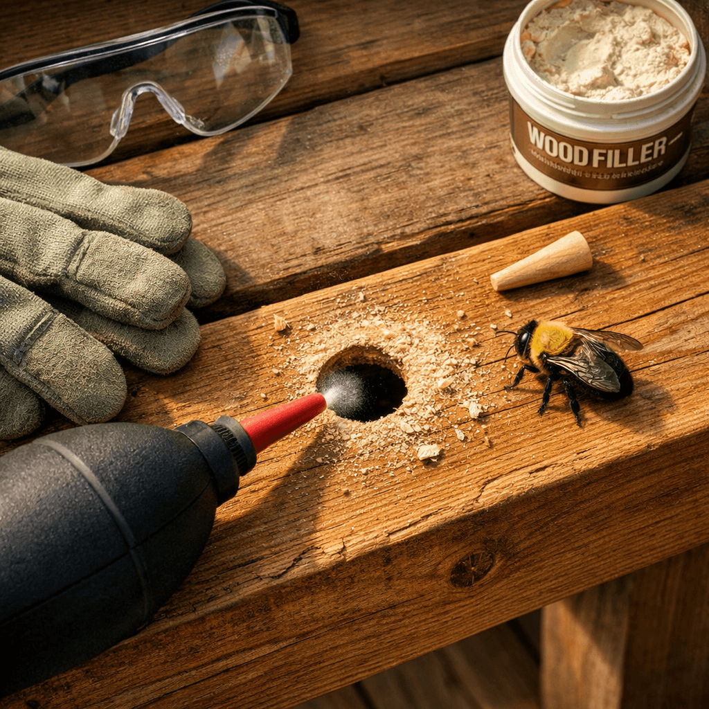Overhead cedar repair scene with carpenter bee, dusting nozzle, gloves, and plug showing how to get rid of wood bees.