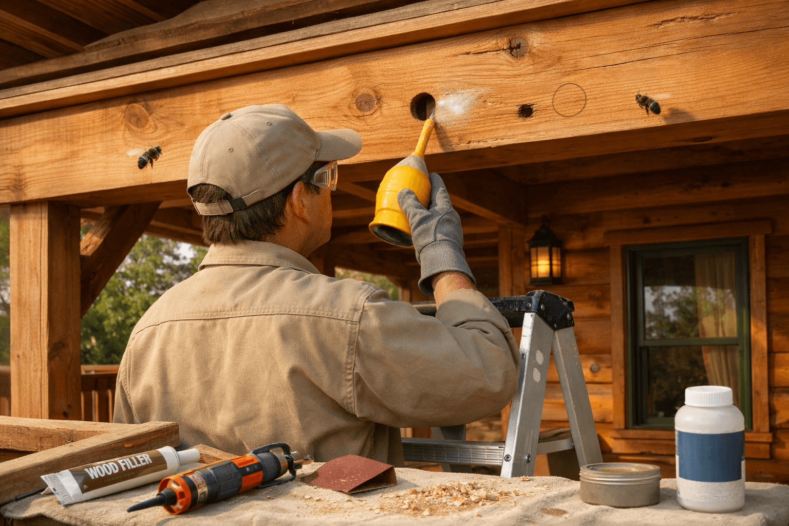 Homeowner treating a cedar cabin fascia entrance as bees depart, illustrating how to get rid of wood bees safely.