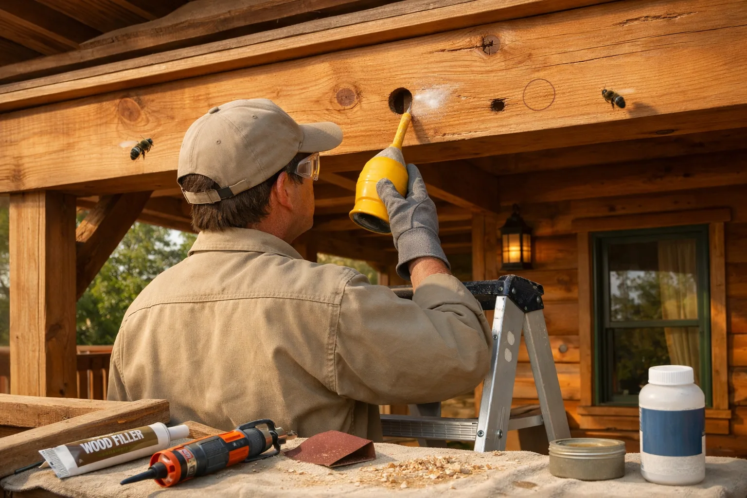 Homeowner treating a cedar cabin fascia entrance as bees depart, illustrating how to get rid of wood bees safely.