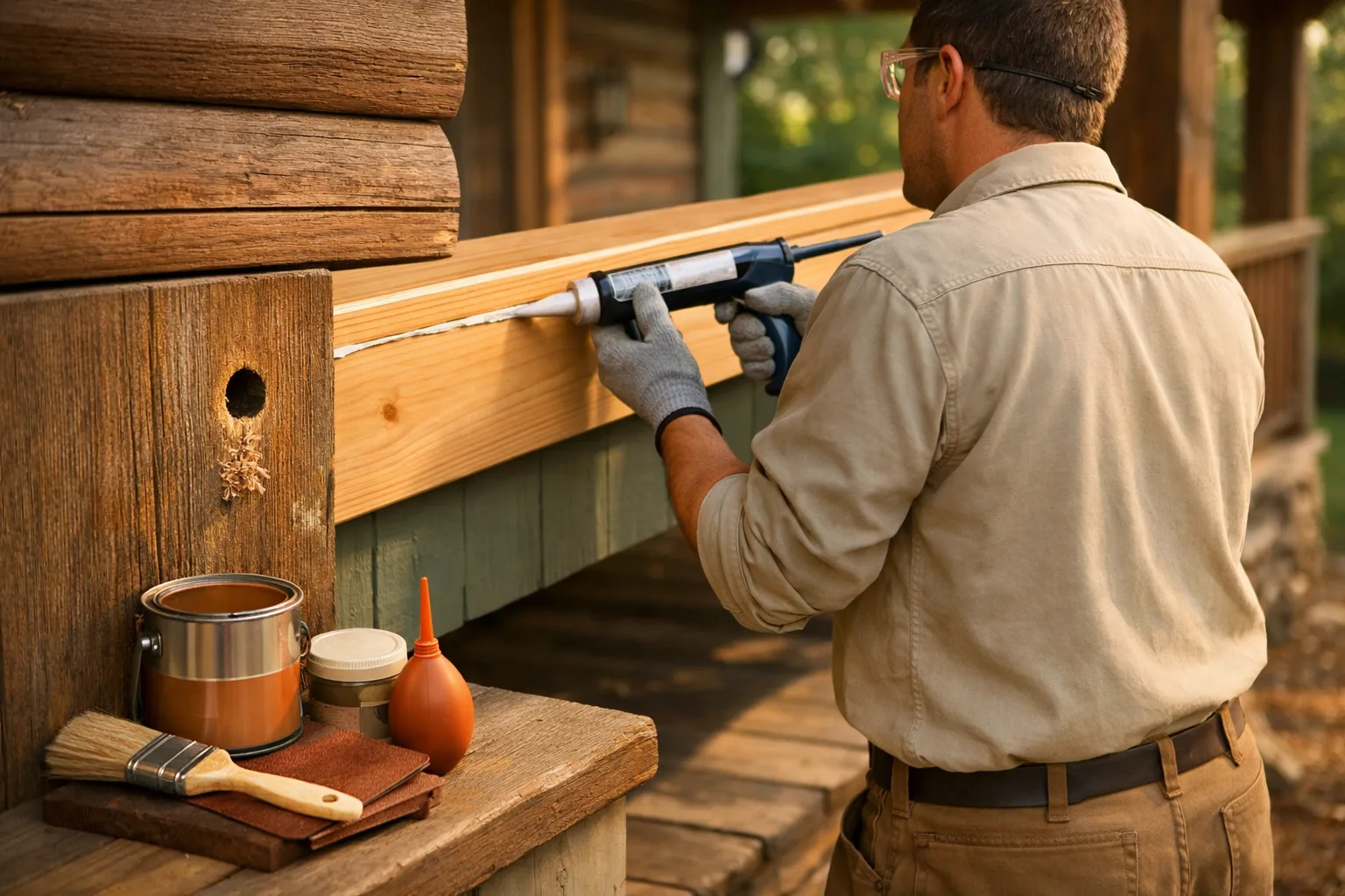 Homeowner seals cedar porch fascia to prevent carpenter bees, illustrating how to get rid of wood bees.