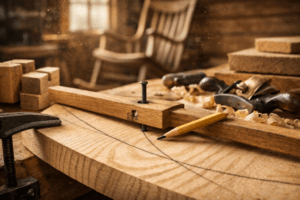 Extreme macro of an ash rocker blank marked with a pencil arc beside tools in a rustic woodworking rocking chair workshop.