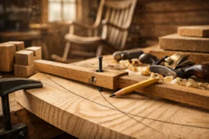 Extreme macro of an ash rocker blank marked with a pencil arc beside tools in a rustic woodworking rocking chair workshop.