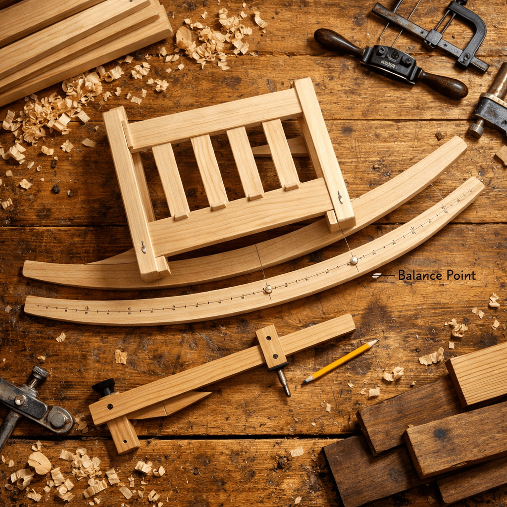 Overhead rustic workshop scene with an unfinished woodworking rocking chair, curved rockers, balance marks, trammel, tools, and shavings.