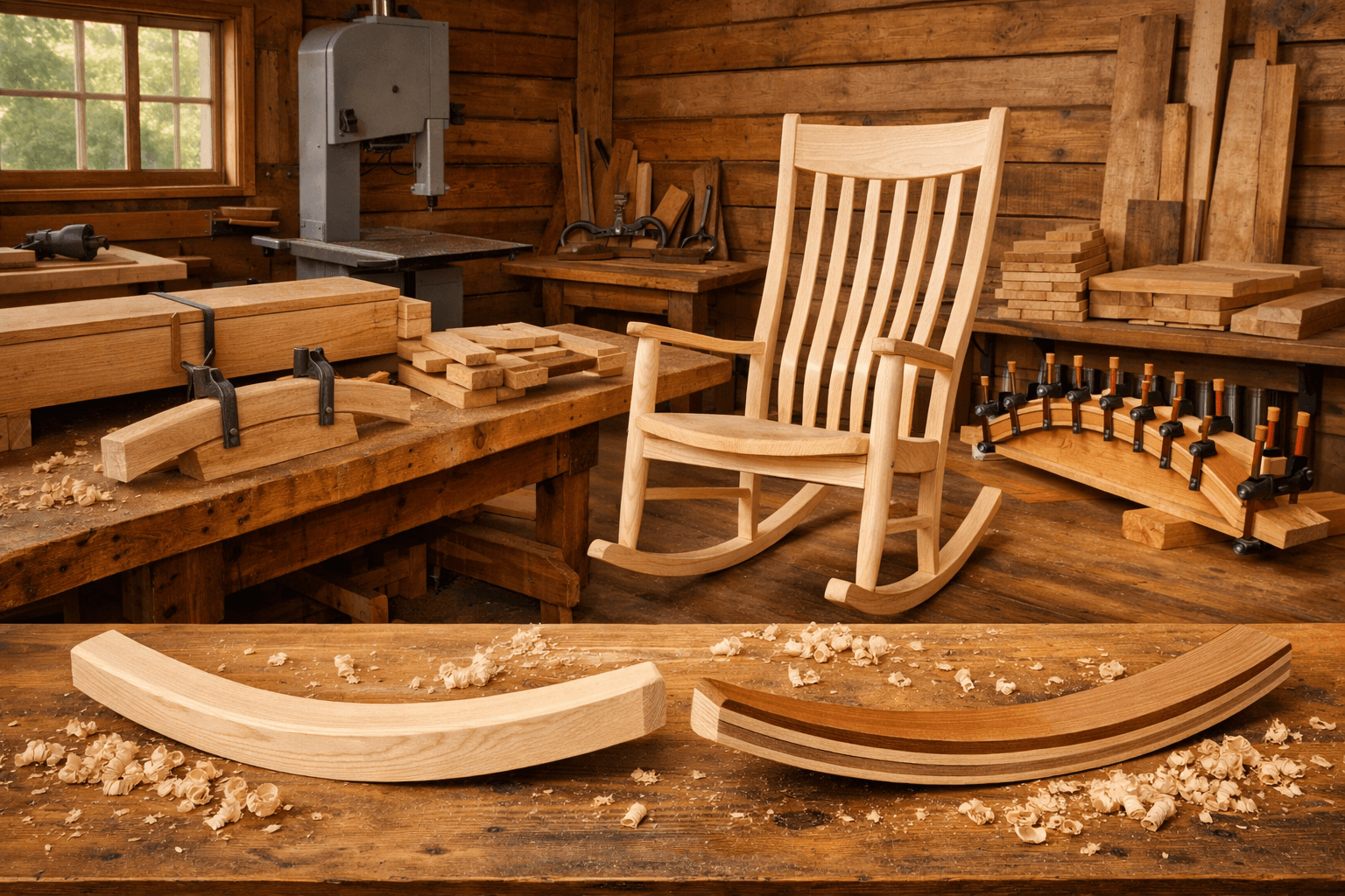 Rustic woodworking workshop with an unfinished ash rocking chair, curved rockers, bending forms, clamps, tools, and wood shavings.