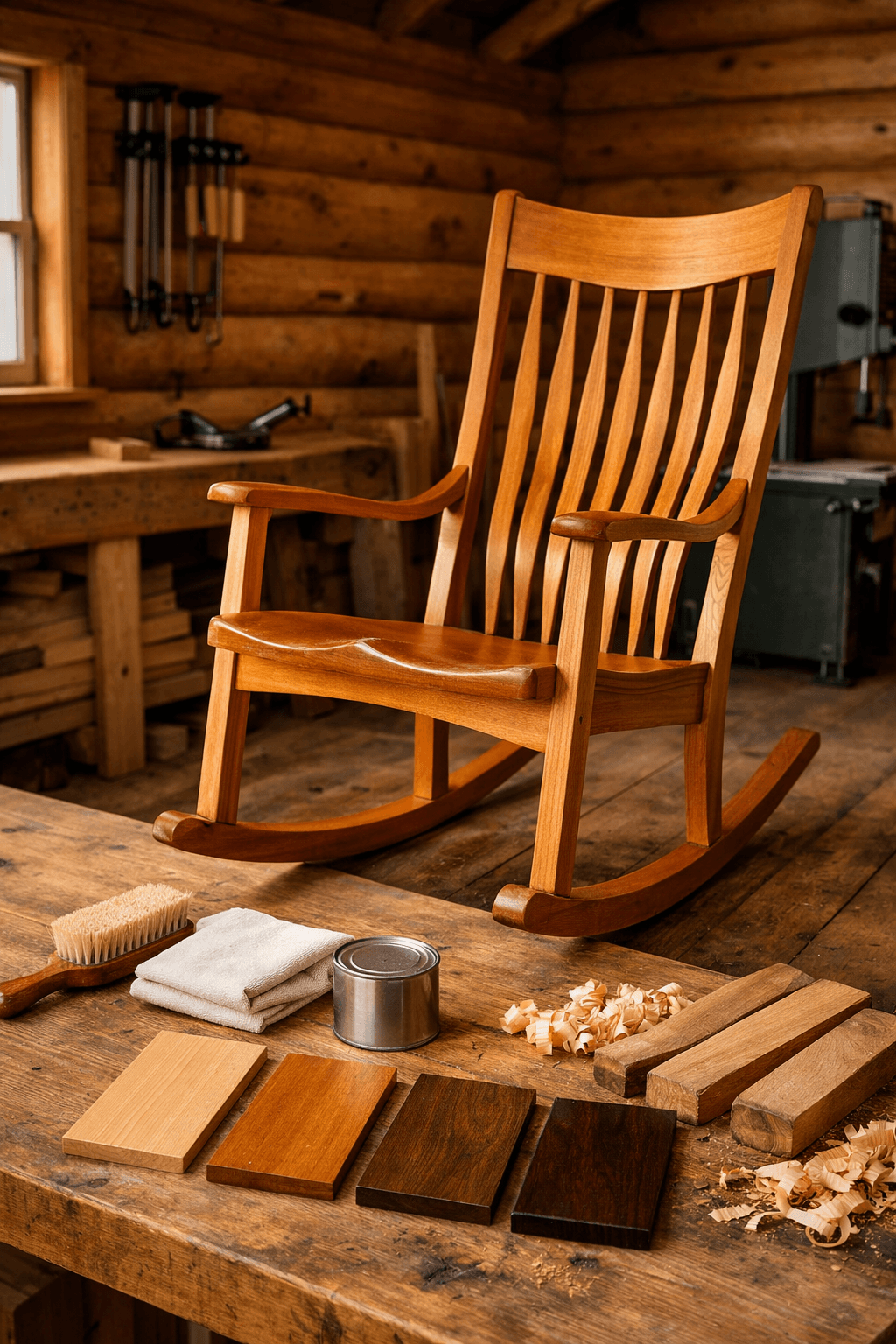 Finished woodworking rocking chair with honey-amber grain, shown in a timber workshop beside tools, finish samples, and wood shavings.