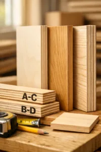 Macro view of birch, oak, and Baltic birch plywood samples showing grades of plywood for cabinets, stamped edges, and tools.