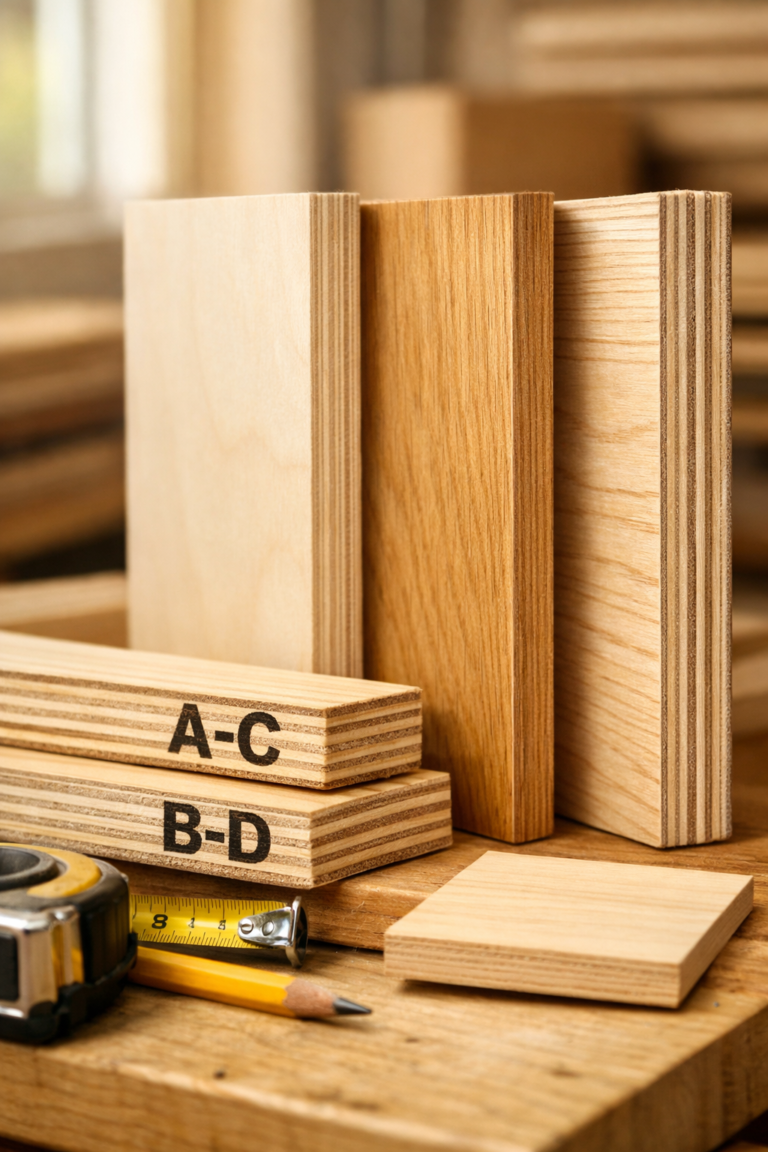 Macro view of birch, oak, and Baltic birch plywood samples showing grades of plywood for cabinets, stamped edges, and tools.