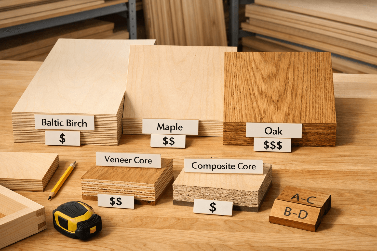 Overhead plywood samples labeled grades of plywood for cabinets, showing birch, maple, oak veneers, cores, edges, and price cards.