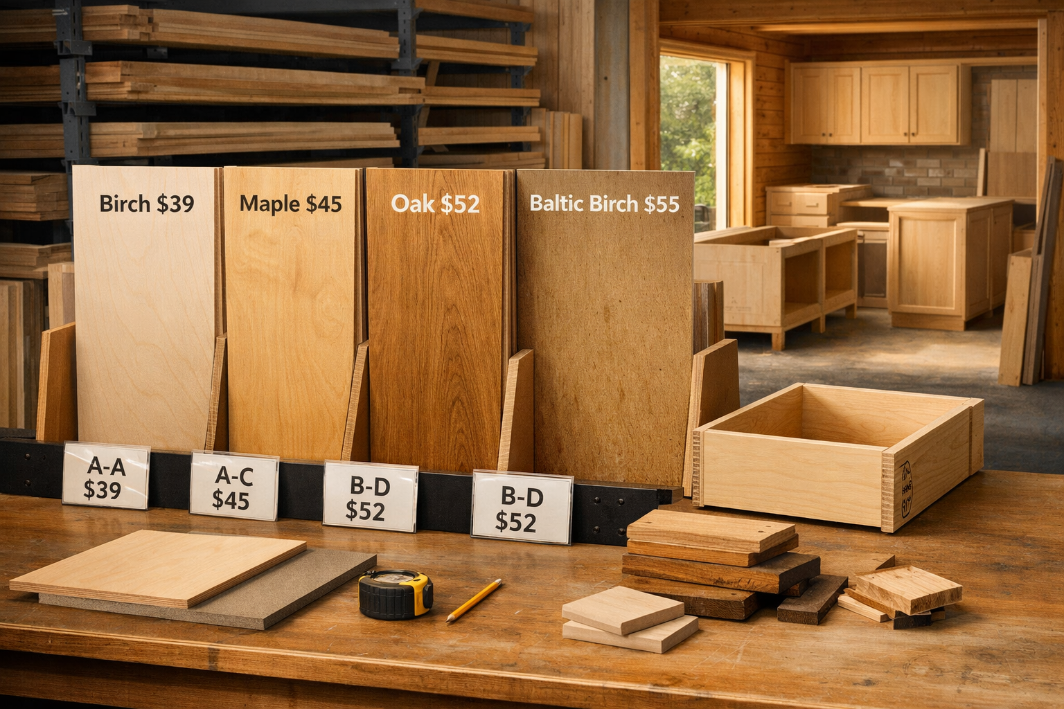 Lumberyard bay and cabin workshop display grades of plywood for cabinets, with labeled sheets, cabinet parts, tools, and price cards.