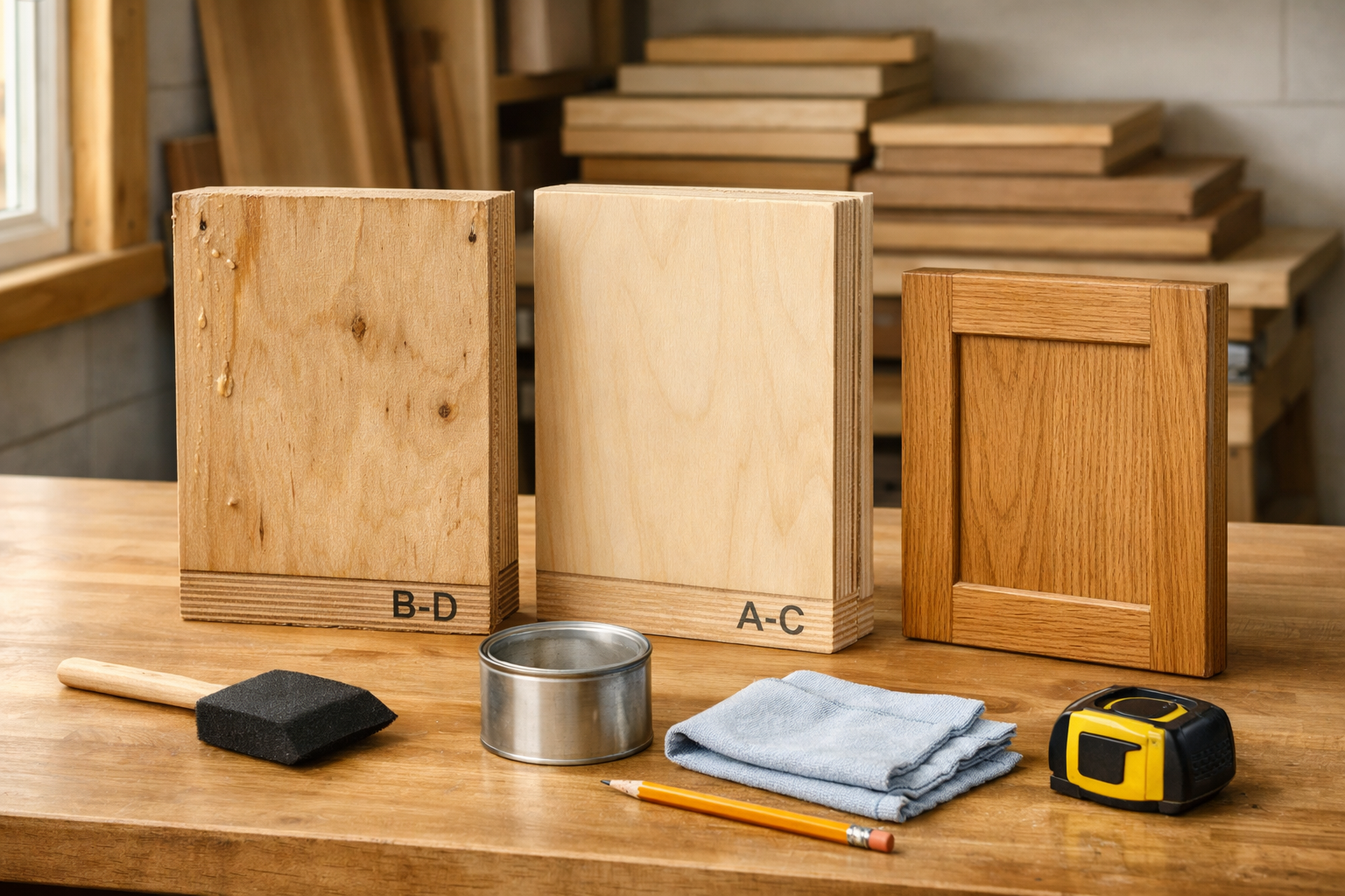 Workshop displays grades of plywood for cabinets: raw water-damp edge beside clear-sealed panel, tools and samples on a bench.