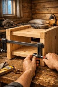 Close-up of hands clamping a pine nightstand joint on a scarred workbench during nightstand woodworking.